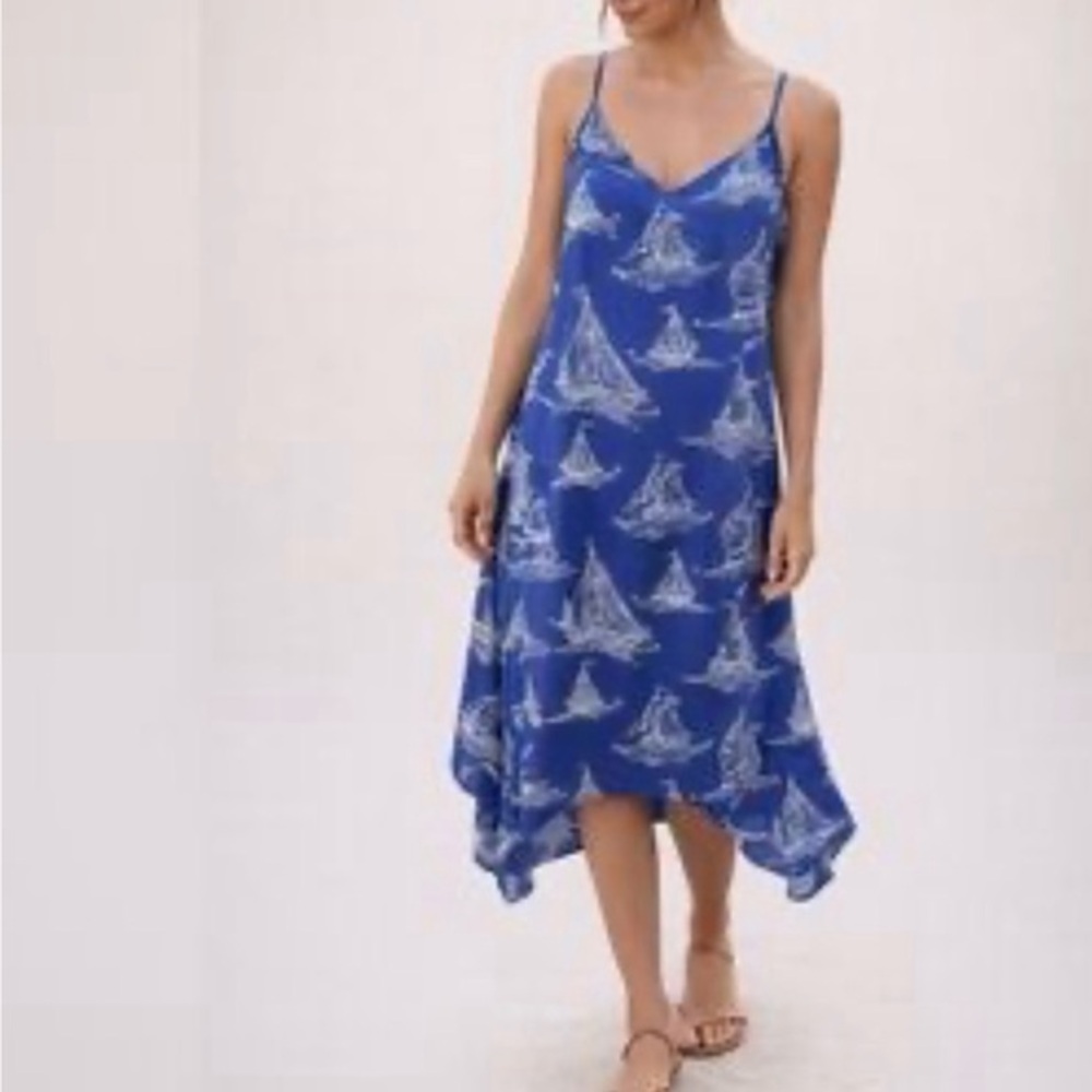 Anthropologie Antibes Blanc nautical, whimsy beach flowing Blue  maxi dress